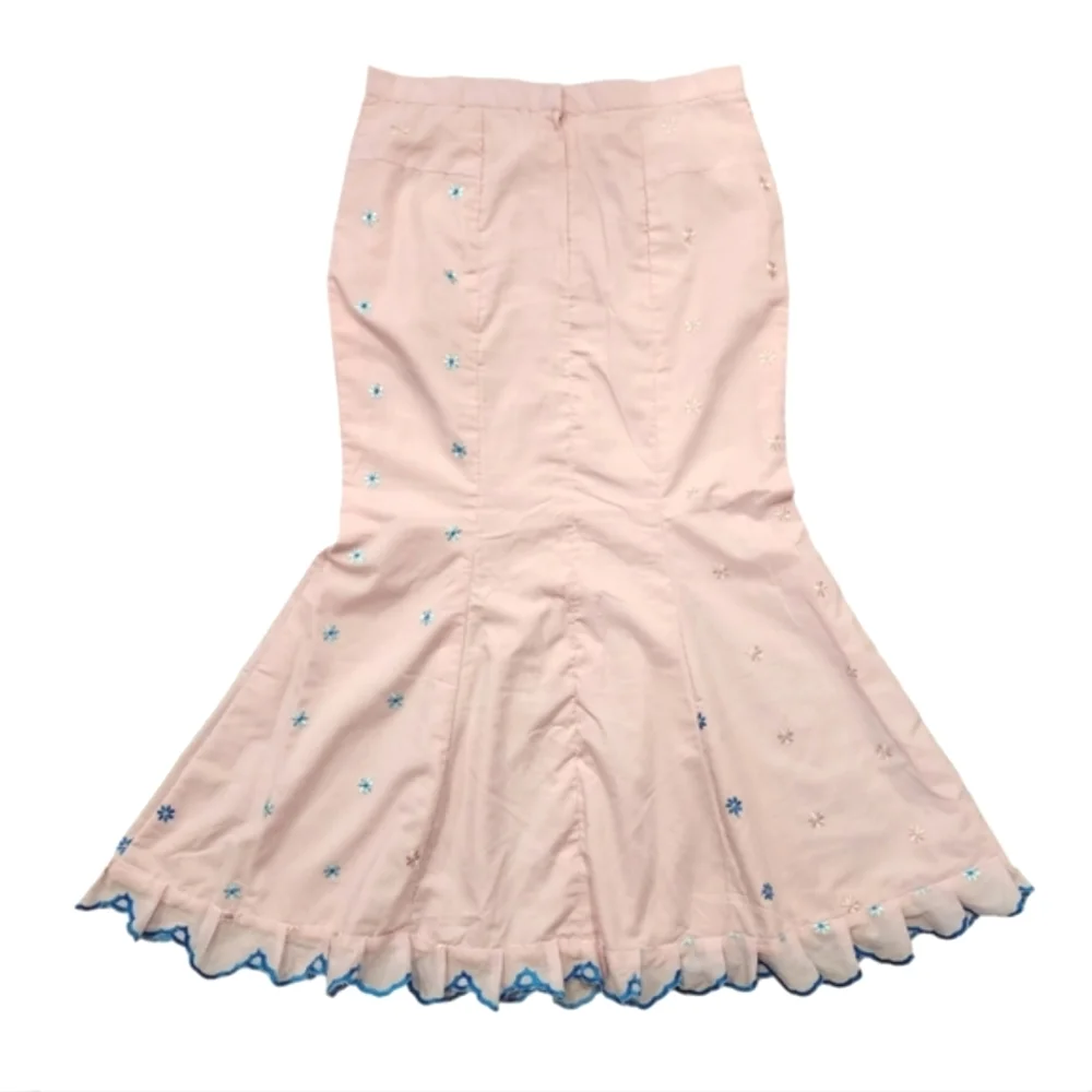 Vintage Mermaid Pink Cotton Maxi Skirt with Embroidered Flowers - Picture 3 of 8